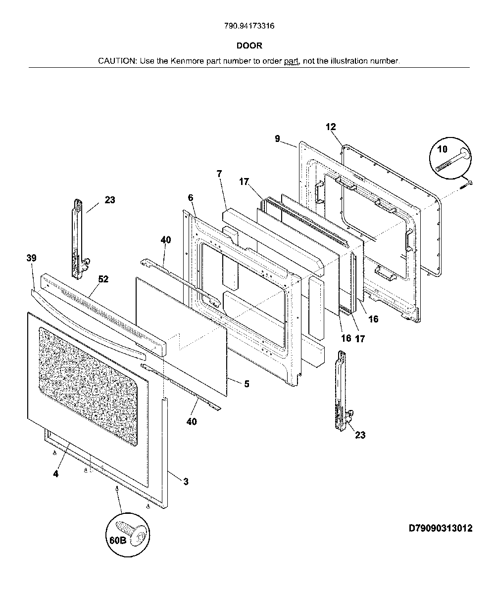 Door Diagram and Parts List for 79094173316  Kenmore Range