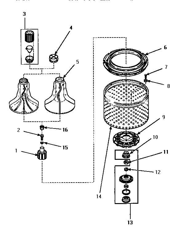 Agitator, Washtub & Hub Diagram and Parts List for LW8413W2 LW8413W2A Amana Washer