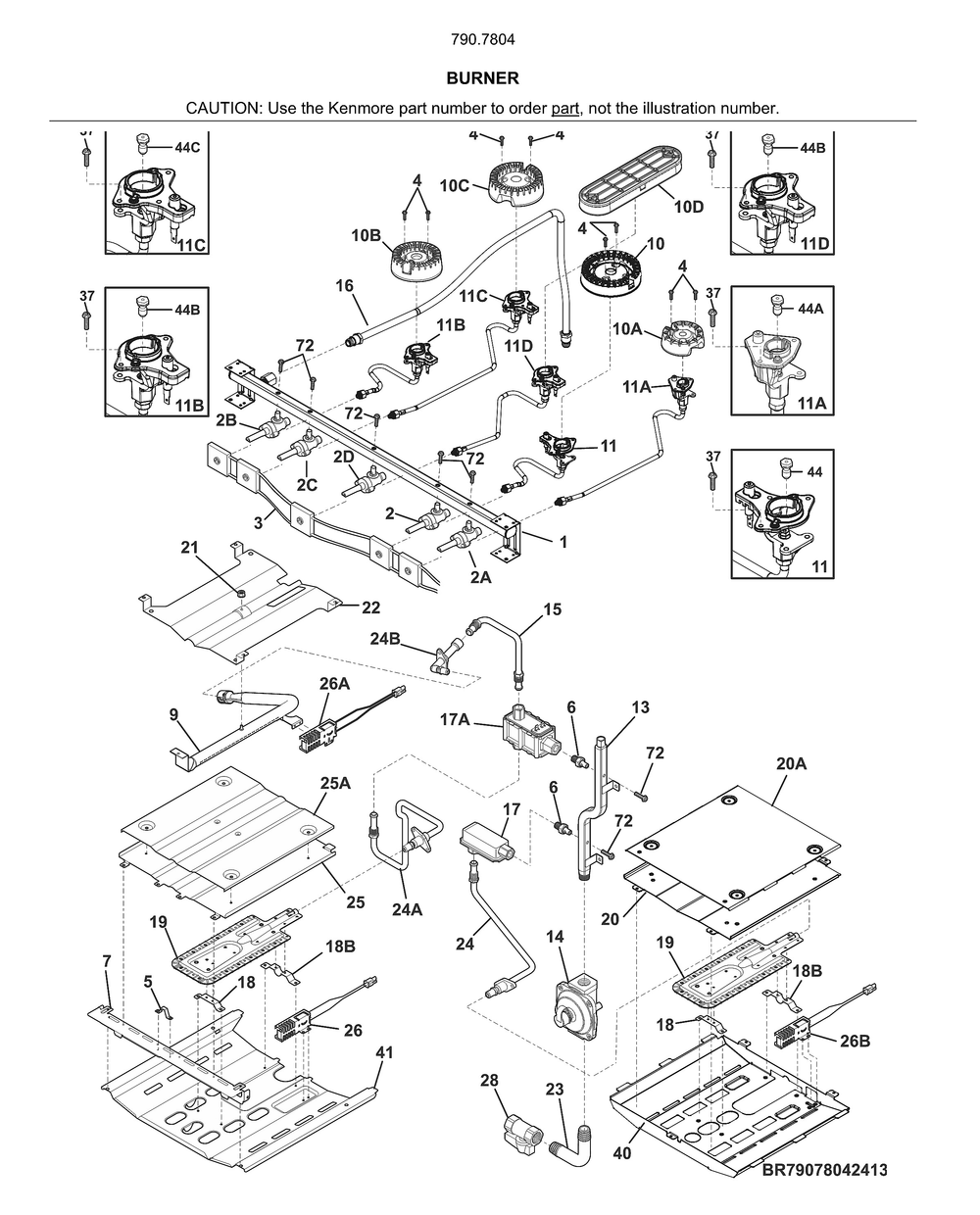 Burner Diagram and Parts List for 79078042414  Kenmore Range