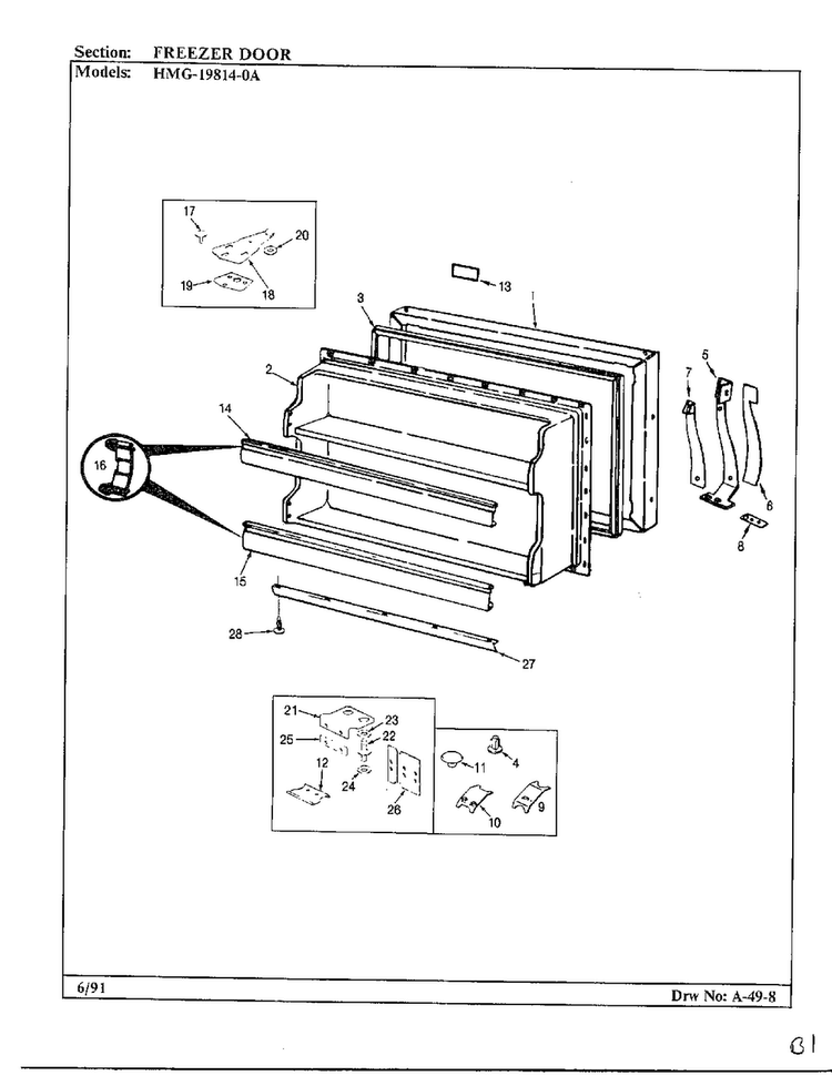 Freezer Door Diagram and Parts List for 19814-0A  Admiral Refrigerator