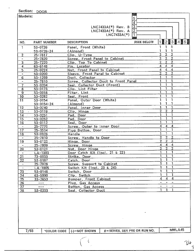 Door Page 2 Diagram and Parts List for 7433A  Norge Dryer