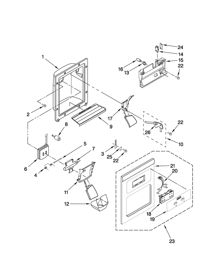 Dispenser Front Parts Diagram and Parts List for ASD2522WRD02  Amana Refrigerator