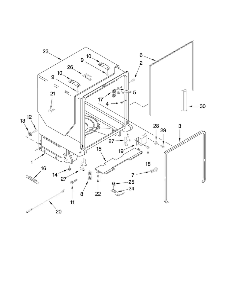 Tub And Frame Parts Diagram and Parts List for JDB3200AWW0  Jenn-Air Dishwasher