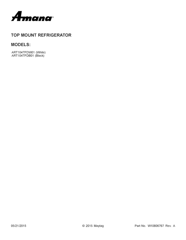 Cover Sheet Diagram and Parts List for ART104TFDW01  Amana Refrigerator