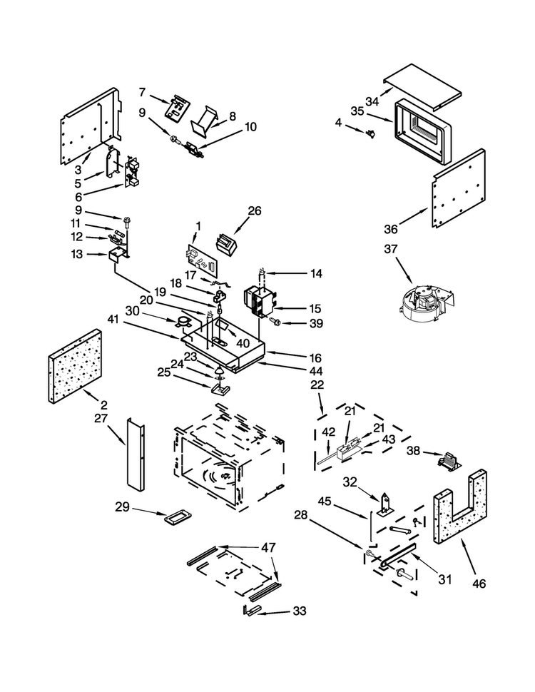Cabinet And Stirrer Parts Diagram and Parts List for JMW2330WS02  Jenn-Air Microwave