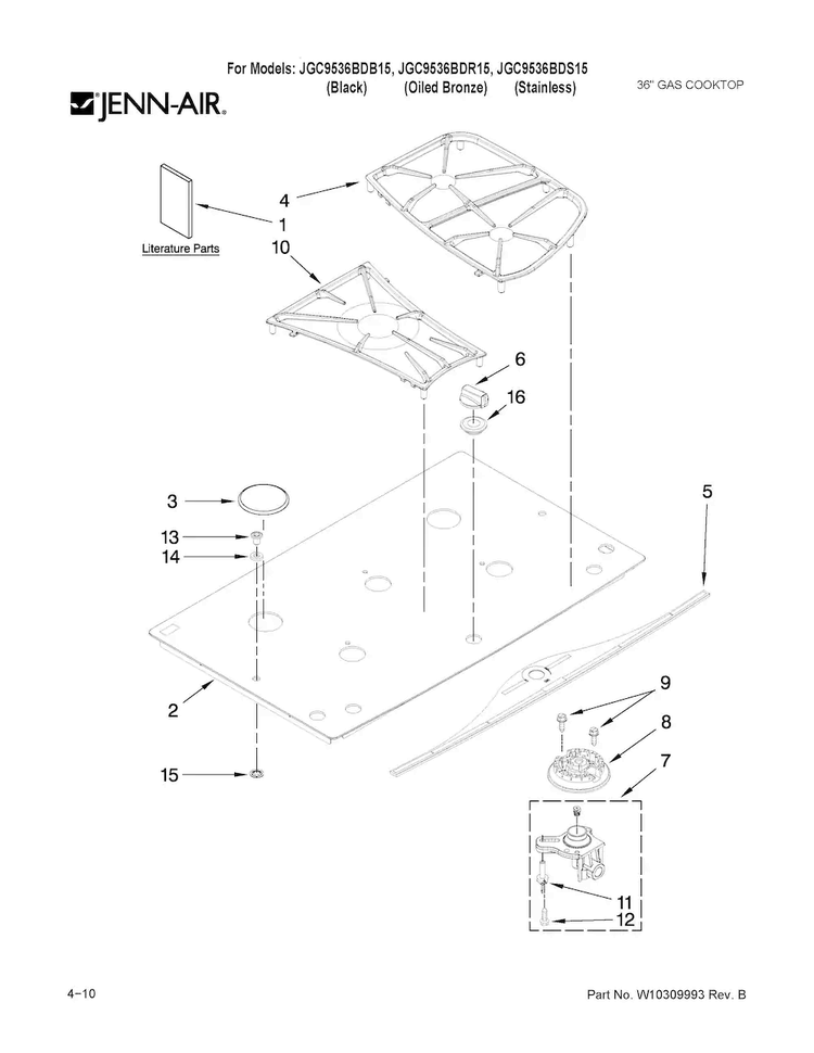 Cooktop, Burner And Grate Parts Diagram and Parts List for JGC9536BDS15  Jenn-Air Cooktop