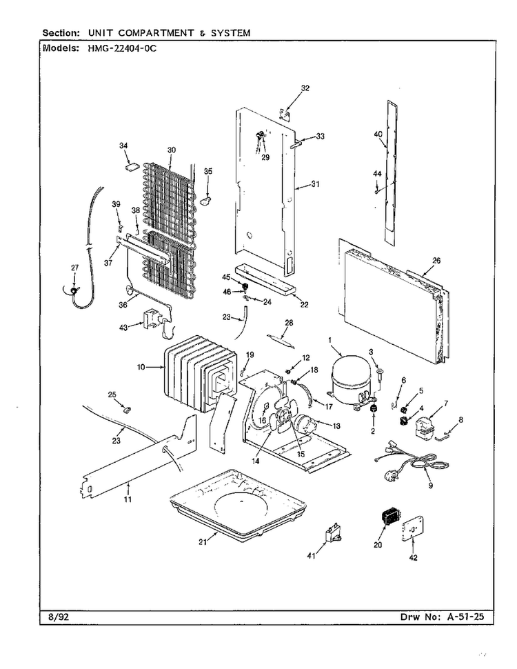 Unit Compartment And Shelves Diagram and Parts List for 22404-0C  Admiral Refrigerator