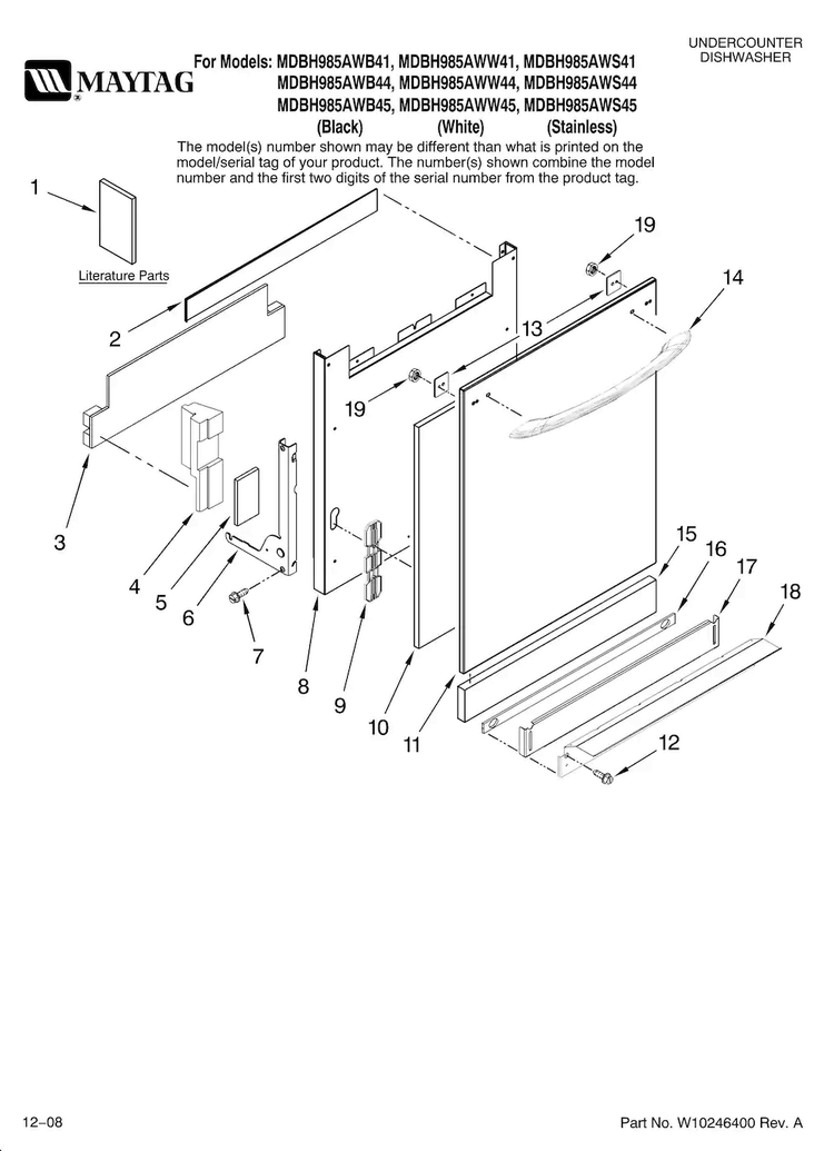 Door And Panel Parts Diagram and Parts List for MDBH985AWB45  Maytag Dishwasher