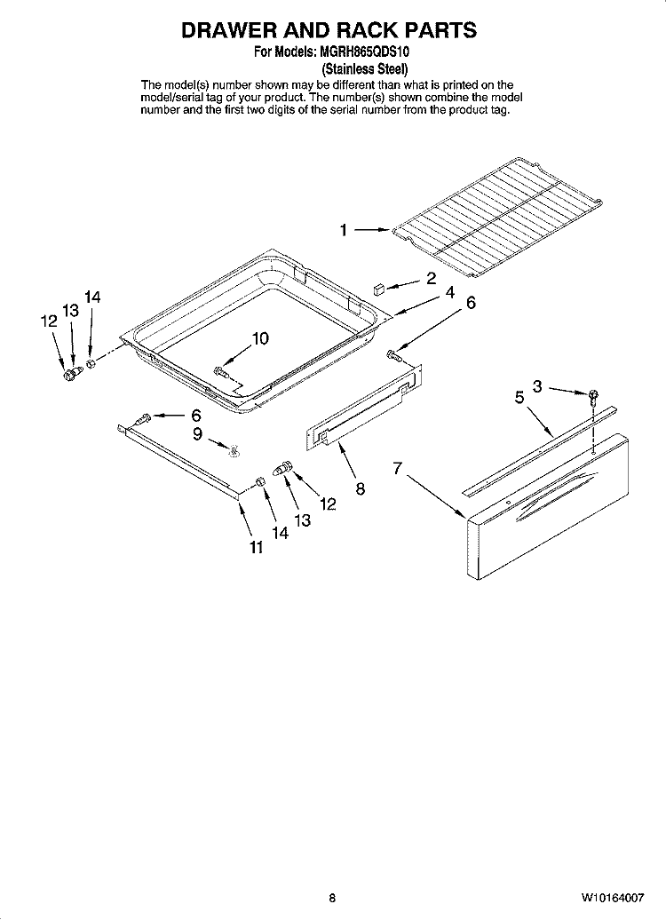 DRAWER AND RACK PARTS, OPTIONAL PARTS (NOT INCLUDED) Diagram and Parts List for MGRH865QDS10  Maytag Range