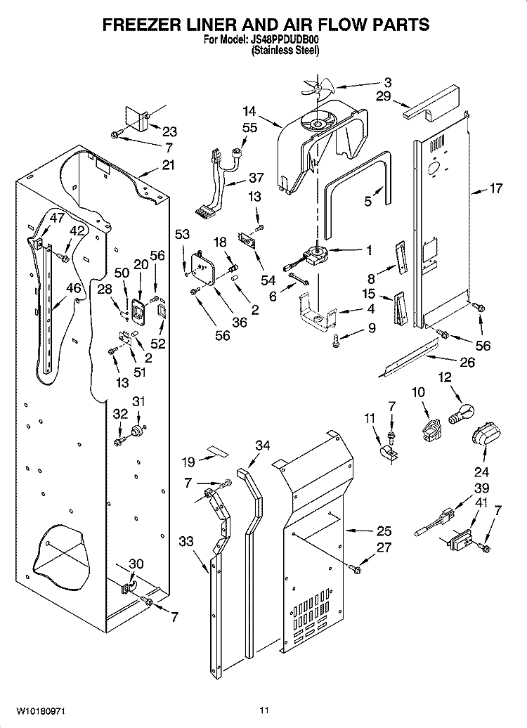 FREEZER LINER AND AIR FLOW PARTS Diagram and Parts List for JS48PPDUDB00  Jenn-Air Refrigerator