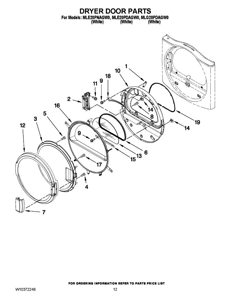 DRYER DOOR PARTS Diagram and Parts List for MLE20PNAGWO  Maytag Washer Dryer Combo