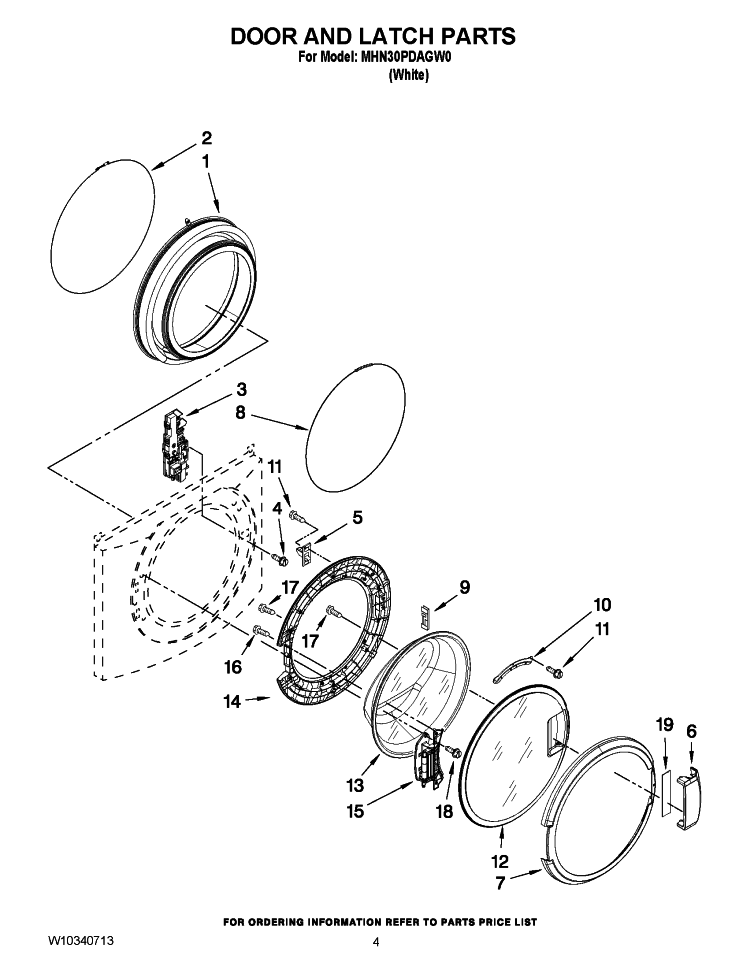 DOOR AND LATCH PARTS Diagram and Parts List for MHN30PDAGW0  Maytag Washer