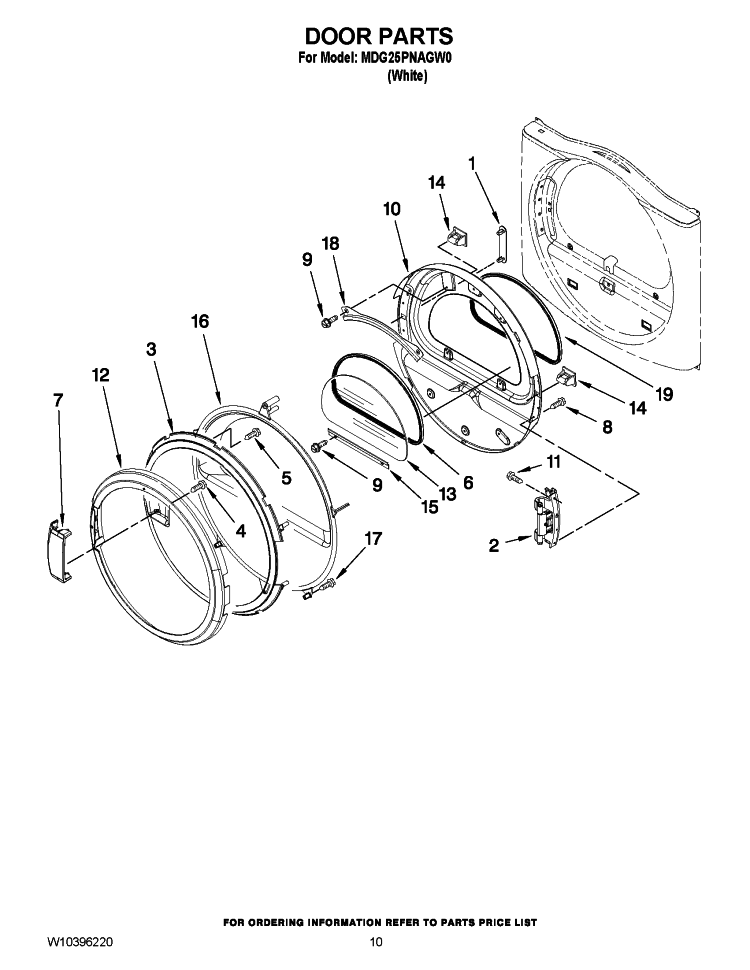 DOOR PARTS Diagram and Parts List for MDG25PNAGW0  Maytag Dryer