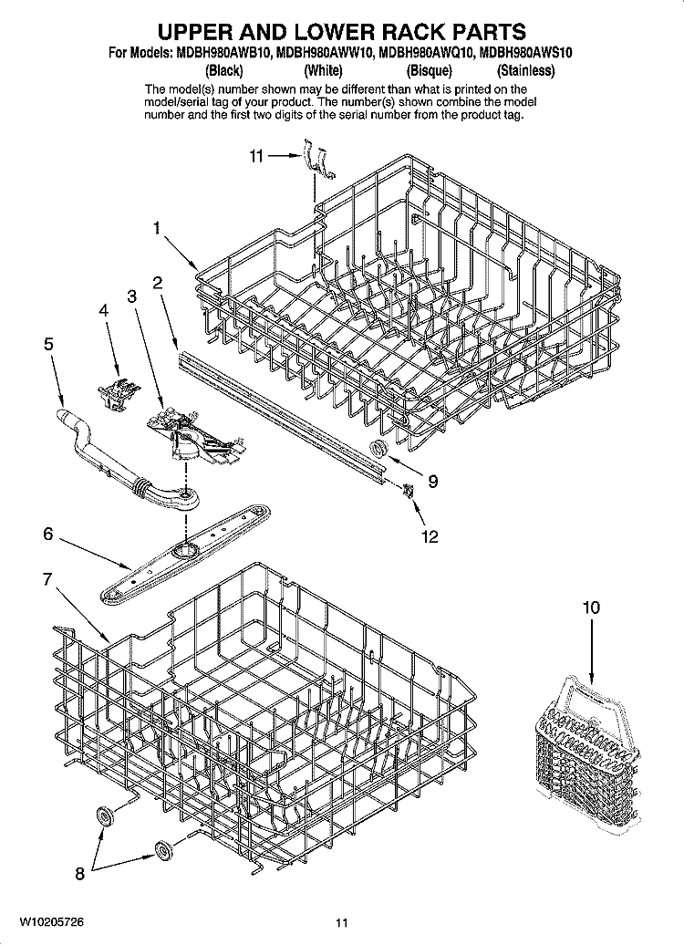 UPPER AND LOWER RACK PARTS Diagram and Parts List for MDBH980AWB10  Maytag Dishwasher