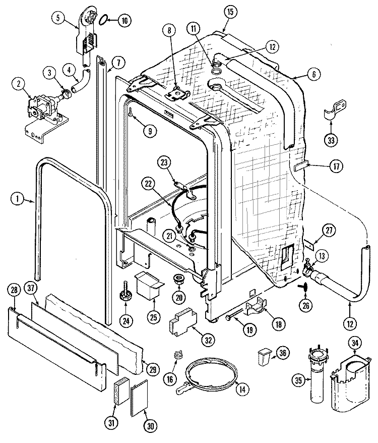 TUB Diagram and Parts List for DWU9902AAE  Maytag Dishwasher