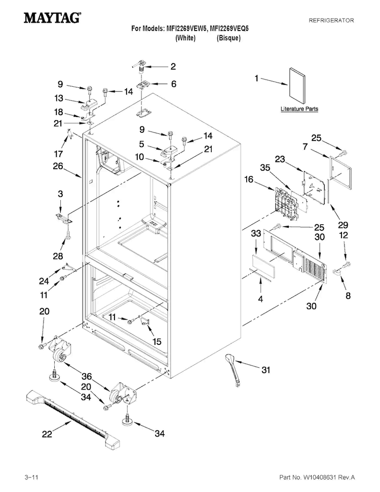 Cabinet Parts Diagram and Parts List for MFI2269VEQ5  Maytag Refrigerator