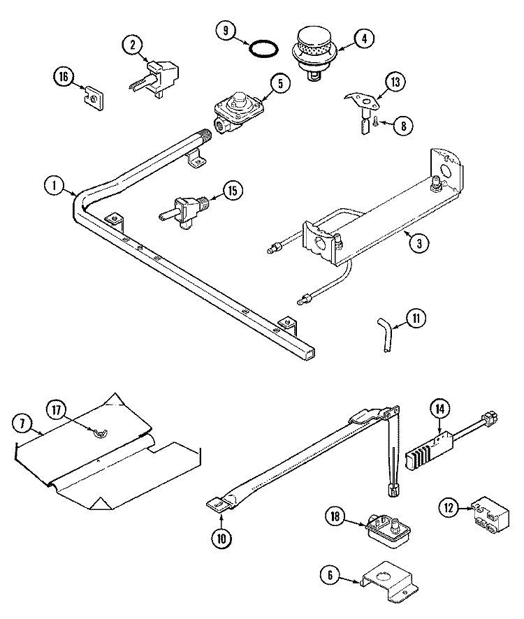 GAS CONTROLS Diagram and Parts List for 31315XBA  Magic Chef Range