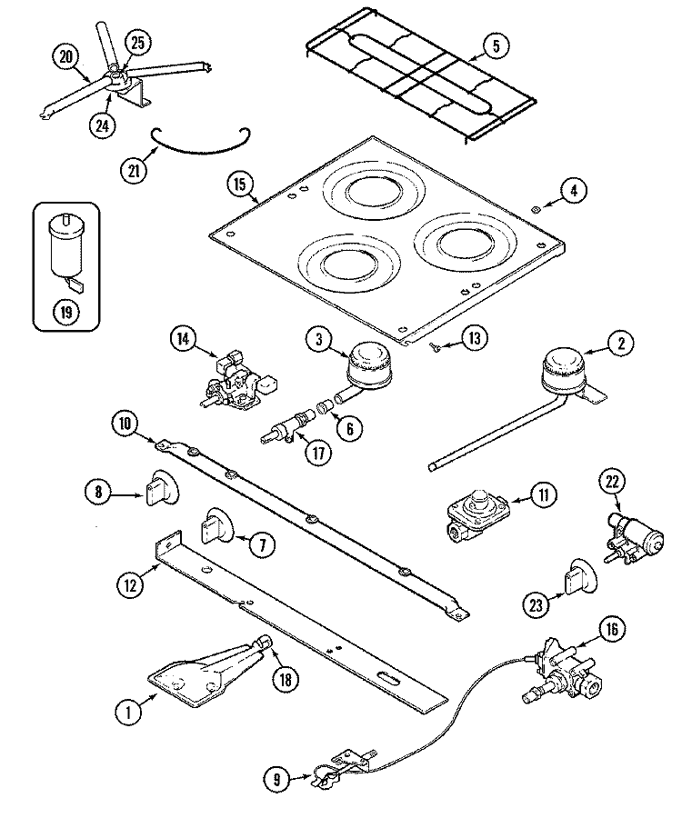 MAIN TOP & BURNER ASSEMBLY Diagram and Parts List for 16TB-3BK  Magic Chef Range