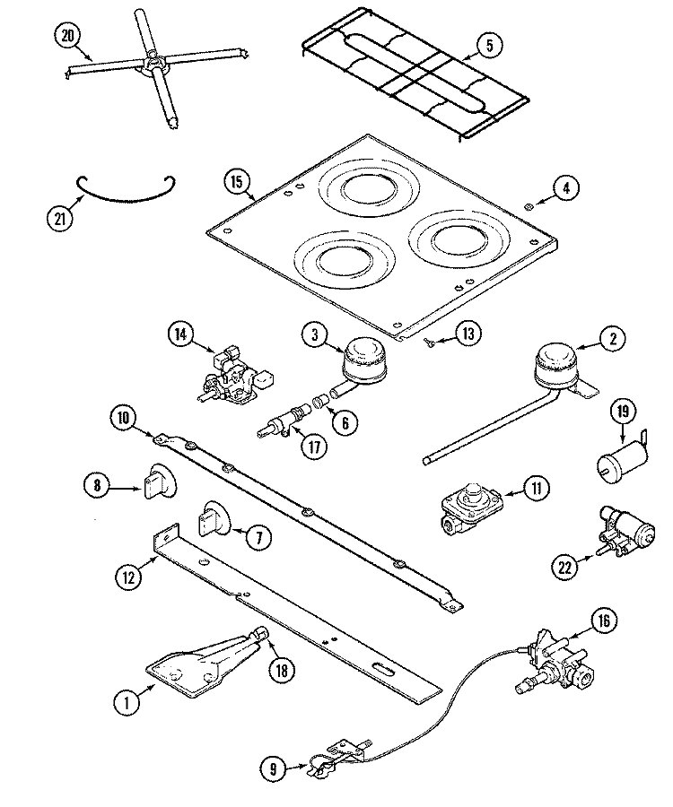 MAIN TOP & BURNER ASSEMBLY Diagram and Parts List for 22TA-3BKZ  Magic Chef Range