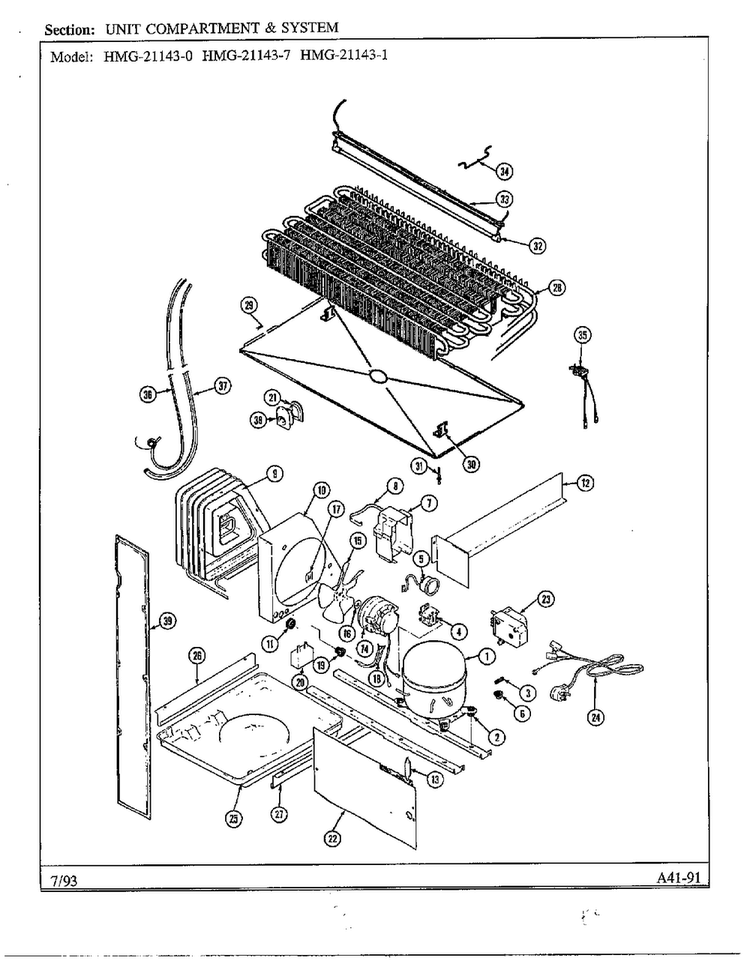 Unit Compartment And System Diagram and Parts List for 21143-0A  Admiral Refrigerator