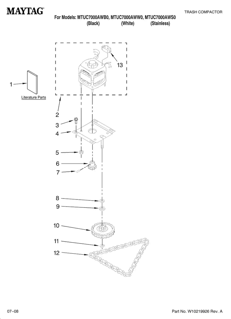 Motor And Drive Parts Diagram and Parts List for MTUC7000AWB0  Maytag Trash Compactor