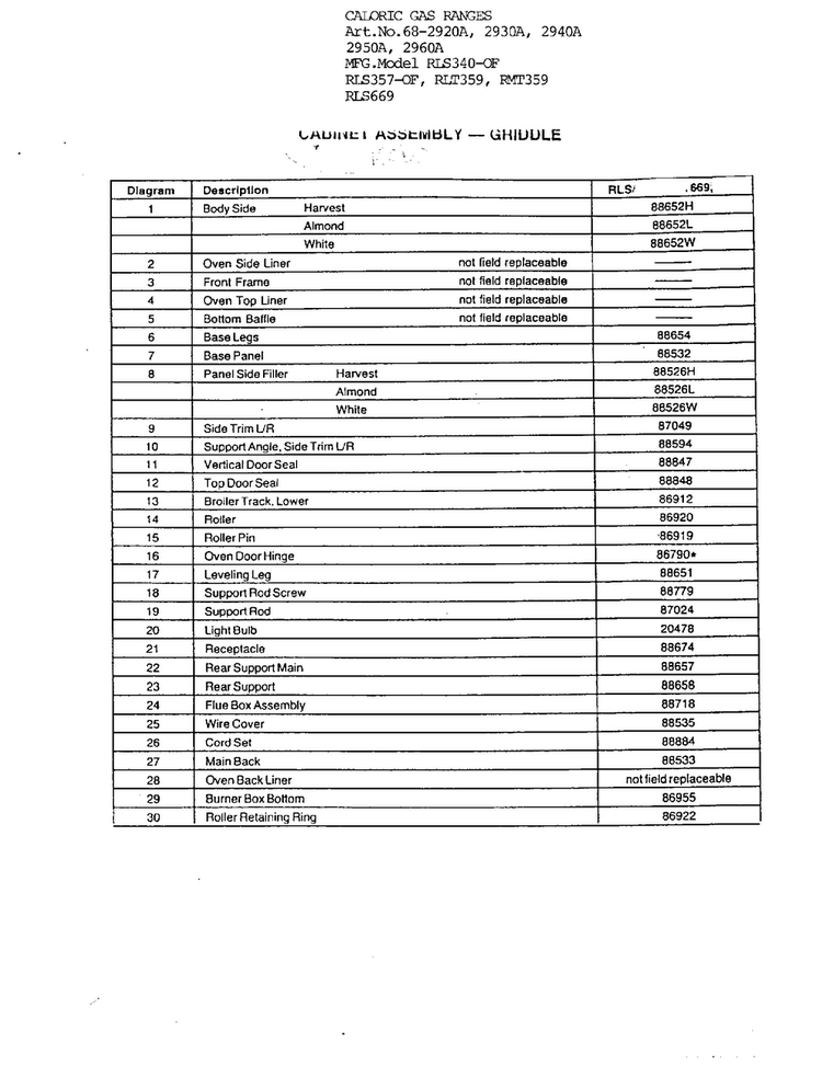 Cabinet Assembly - Griddle Page 2 Diagram and Parts List for 2940A  Amana Range