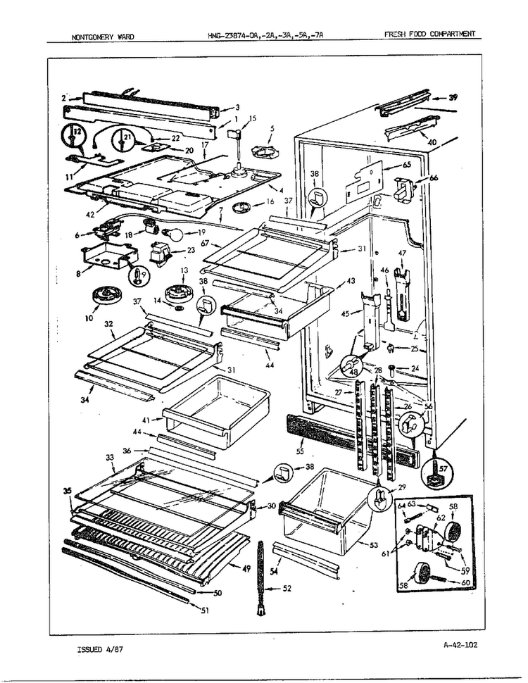 Fresh Food Compartment Assembly Diagram and Parts List for 23874A  Admiral Refrigerator