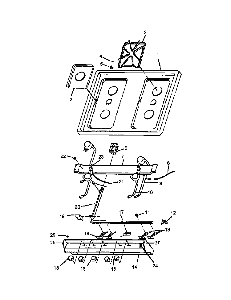 Top Burner Assy Diagram and Parts List for RLS363U-P1142709NL  Caloric Range