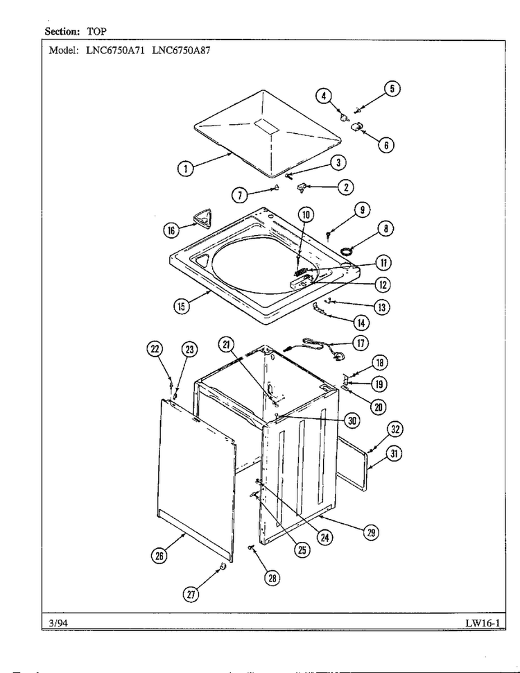 Top Diagram and Parts List for 6750A87  Norge Washer