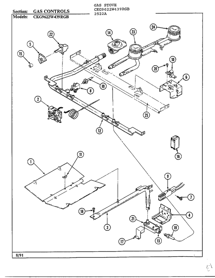 Gas Controls Diagram and Parts List for 2522A  Hardwick Range