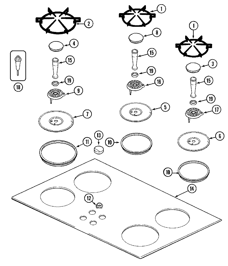TOP ASSEMBLY Diagram and Parts List for CCG2423W  Jenn-Air Cooktop