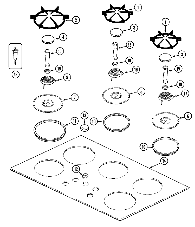 TOP ASSEMBLY Diagram and Parts List for CCG2523W  Jenn-Air Cooktop