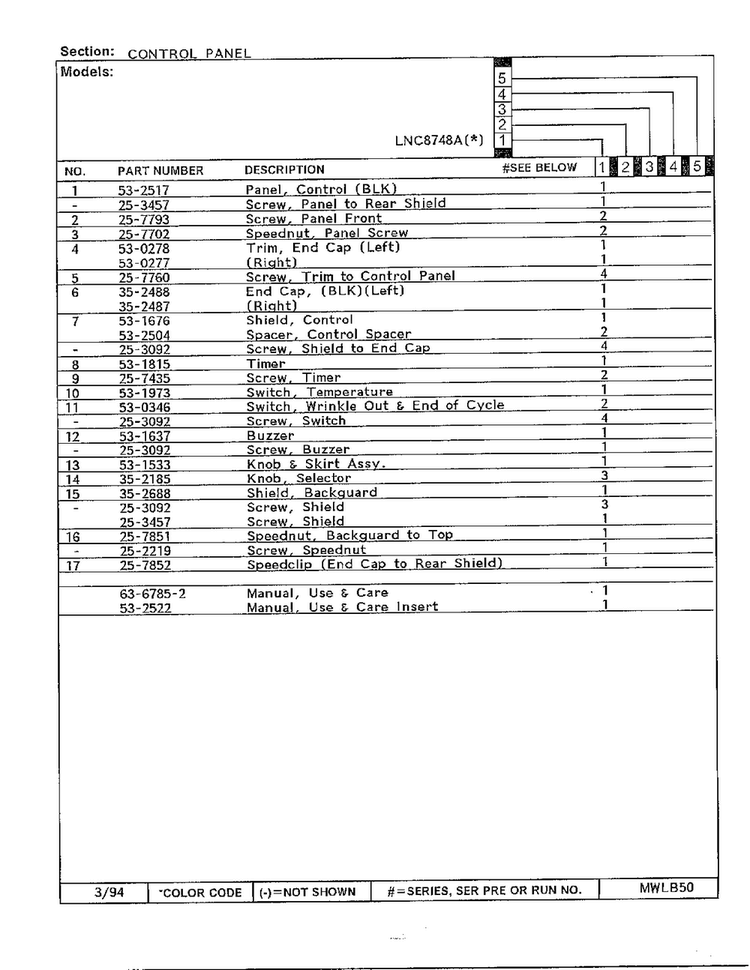 Control Panel Page 2 Diagram and Parts List for 8748A  Norge Dryer
