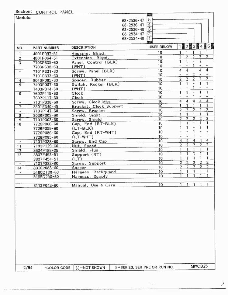 Control Panel Page 2 Diagram and Parts List for 68-2534-40  Magic Chef Range