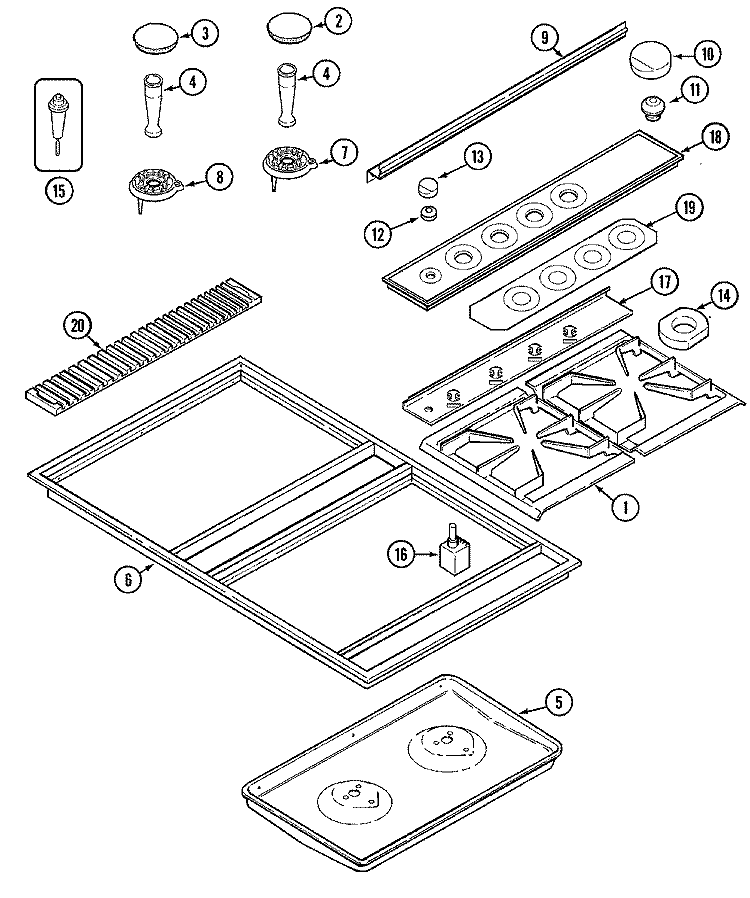 TOP ASSEMBLY Diagram and Parts List for CVGX2423B  Jenn-Air Cooktop