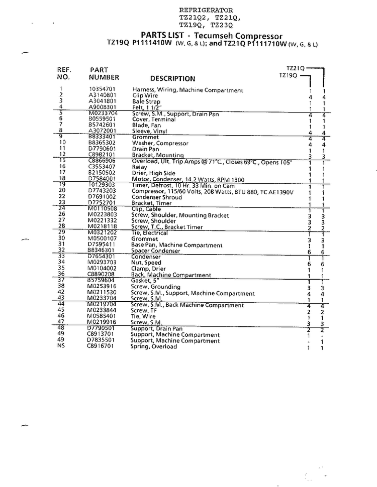 Tecumseh Compressor Page 2 Diagram and Parts List for TZ21Q  Amana Refrigerator