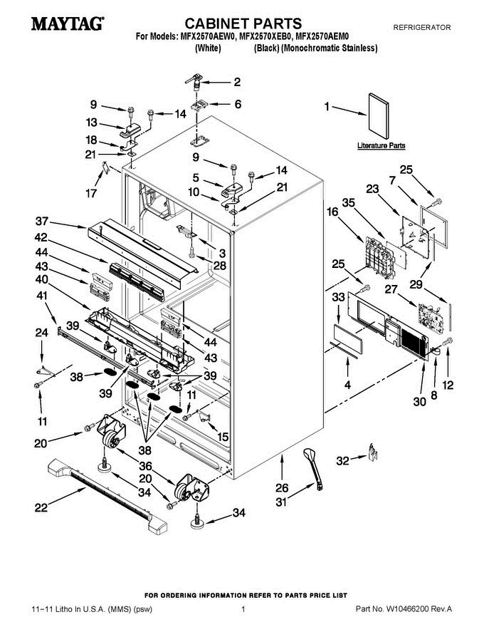 01 - Cabinet Parts Diagram and Parts List for MFX2570XEB0  Maytag Refrigerator