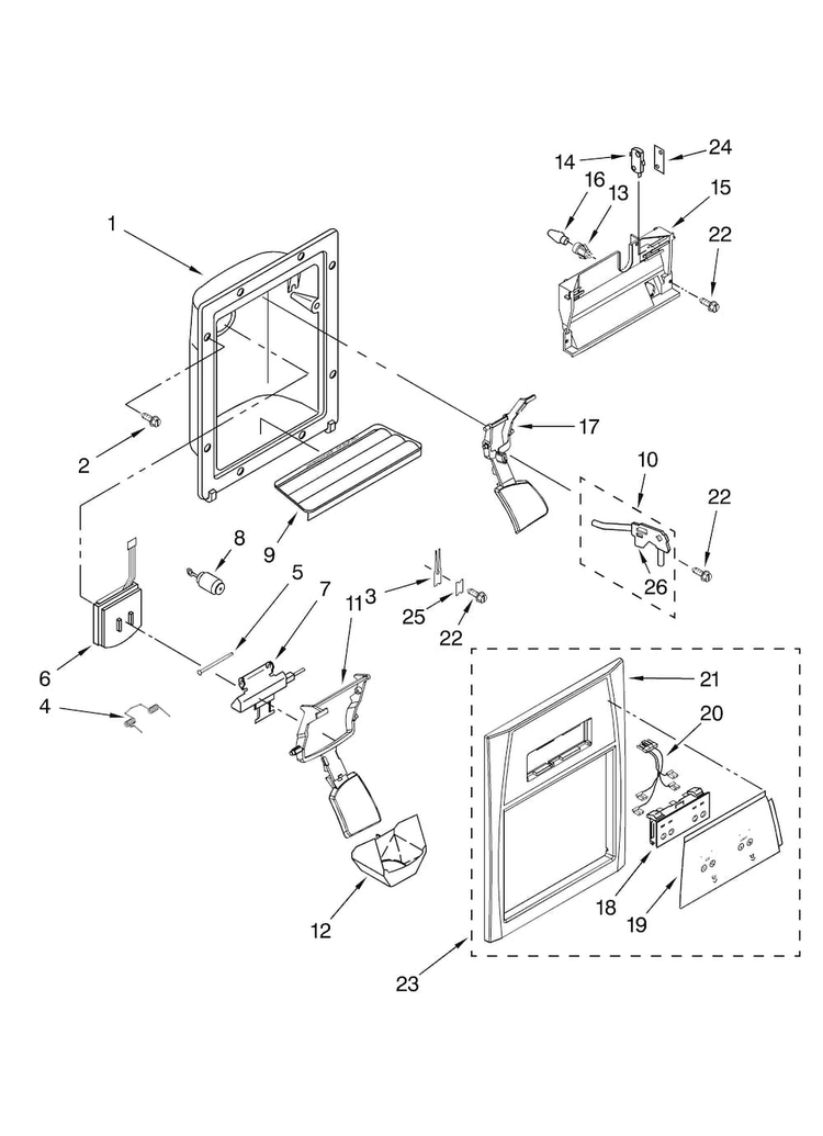 Dispenser Front Parts Diagram and Parts List for ASD2522WEB00  Amana Refrigerator