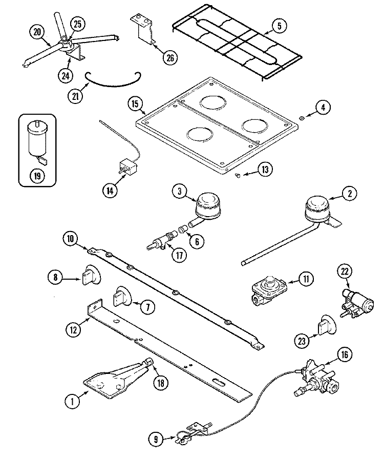 TOP & GAS CONTROLS Diagram and Parts List for CLY1662ADH  Magic Chef Range