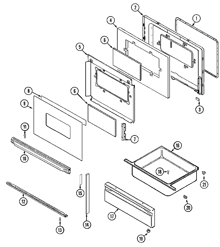 DOOR / DRAWER Diagram and Parts List for CER3760AGW  Magic Chef Range