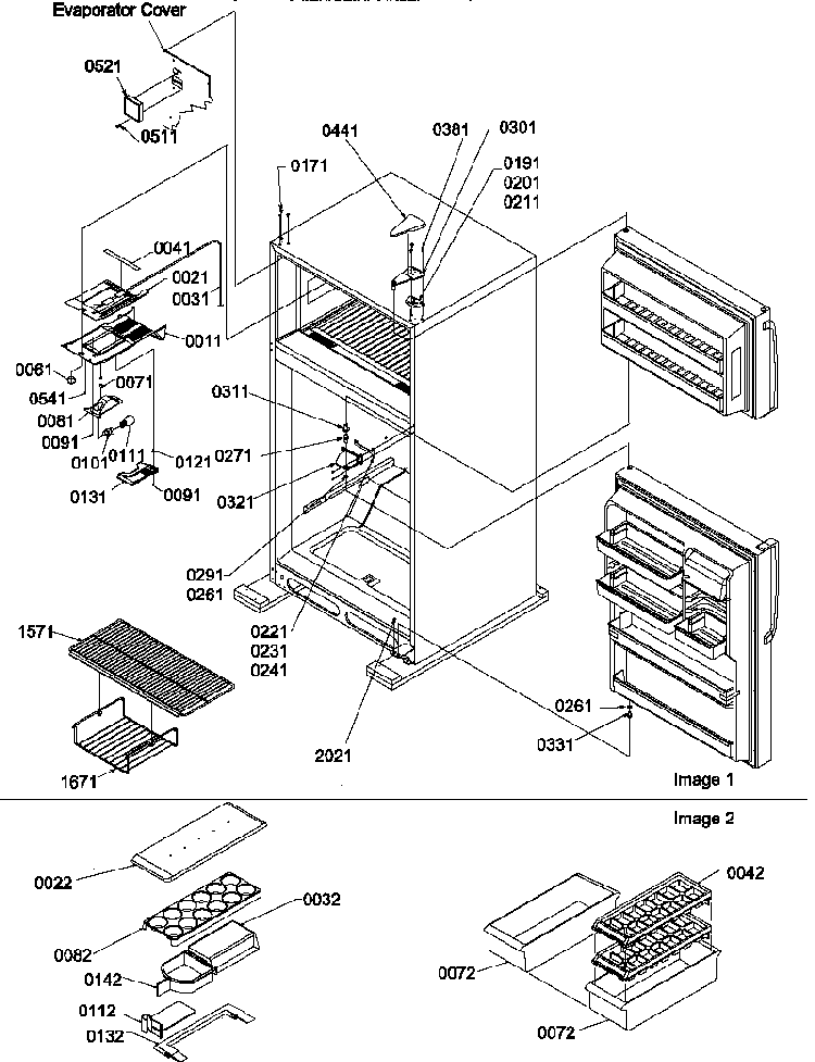 Door Hinges And Freezer Shelf Diagram and Parts List for TR21V2W-P1316001WW  Amana Refrigerator