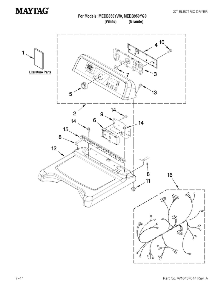 Top And Console Parts Diagram and Parts List for MEDB950YW0  Maytag Dryer