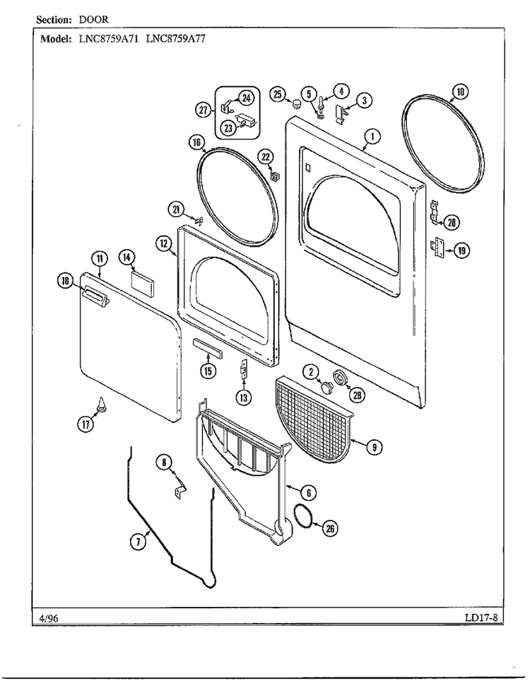 Door Diagram and Parts List for LNC-8759A77  Maytag Dryer