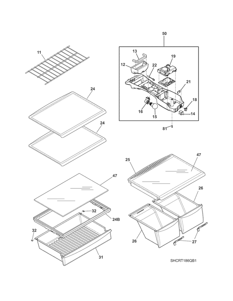 Shelves Diagram and Parts List for CRT186HQB1  Crosley Refrigerator