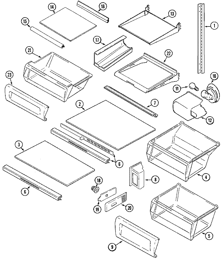 SHELVES & ACCESSORIES Diagram and Parts List for MSD2748DRB  Maytag Refrigerator