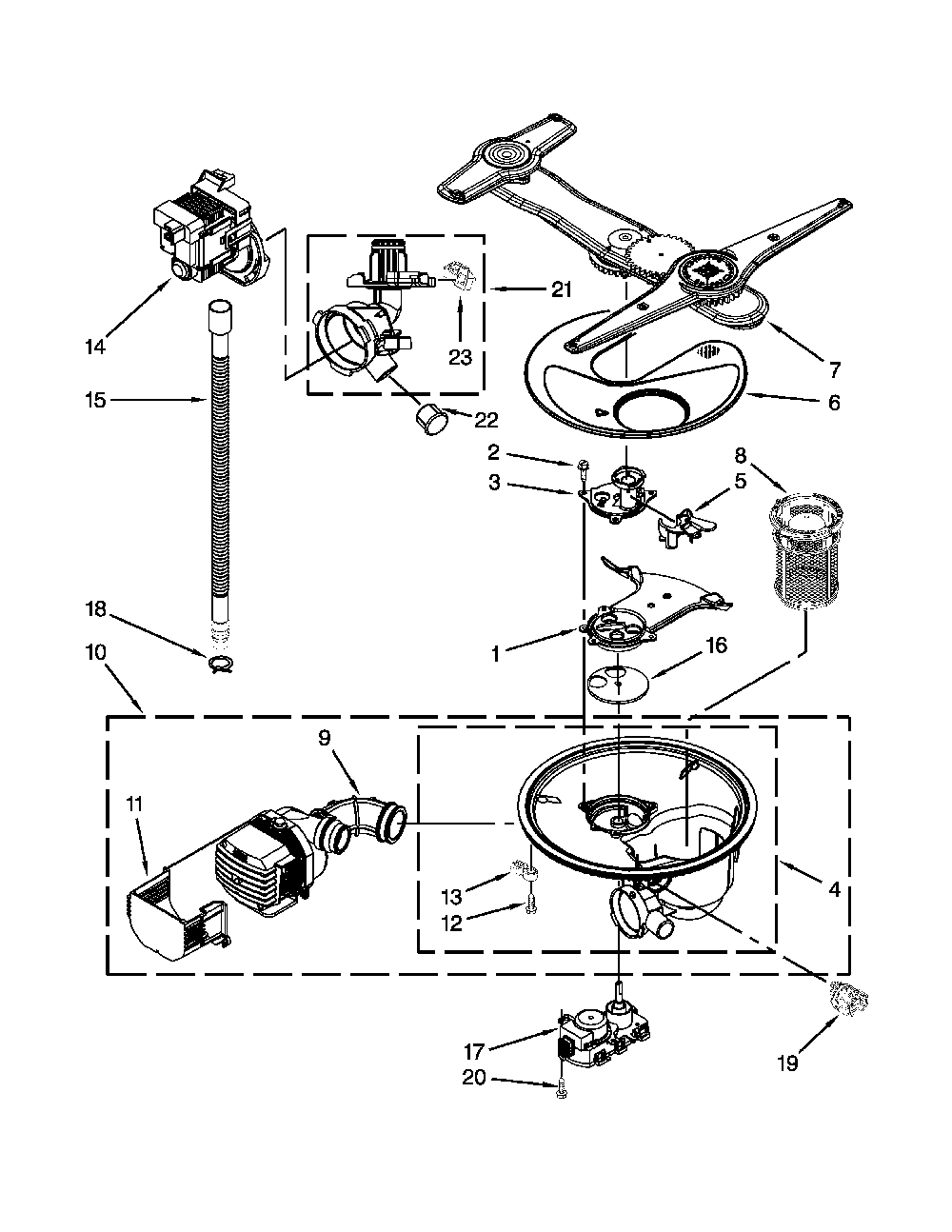 Pump, Washarm And Motor Parts Diagram and Parts List for 66513972K105  Kenmore Dishwasher