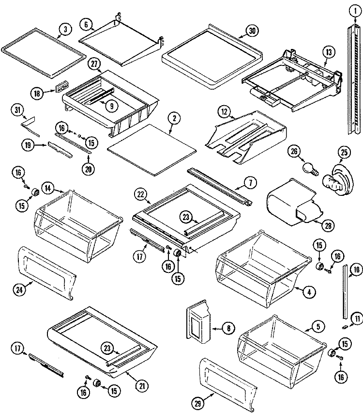 SHELVES & ACCESSORIES Diagram and Parts List for MSD2356AEW  Maytag Refrigerator