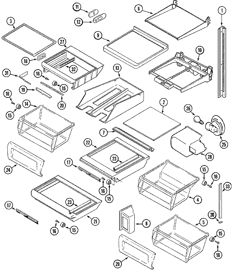 SHELVES & ACCESSORIES Diagram and Parts List for MSD2957AEA  Maytag Refrigerator