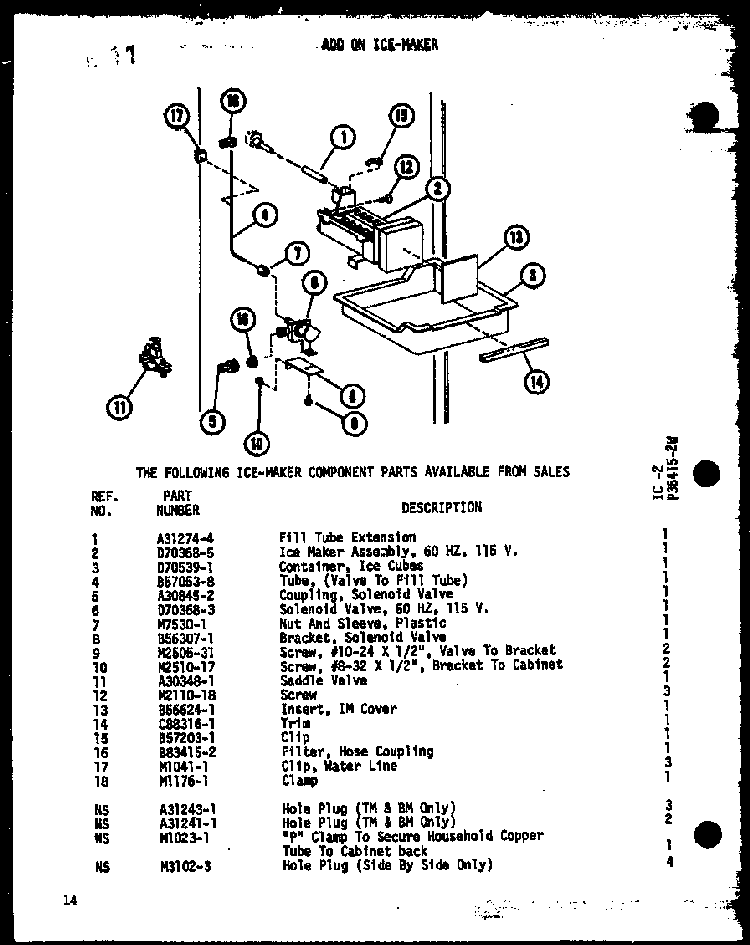 Add On Ice-maker Diagram and Parts List for UF22C P60345-82W Amana Freezer