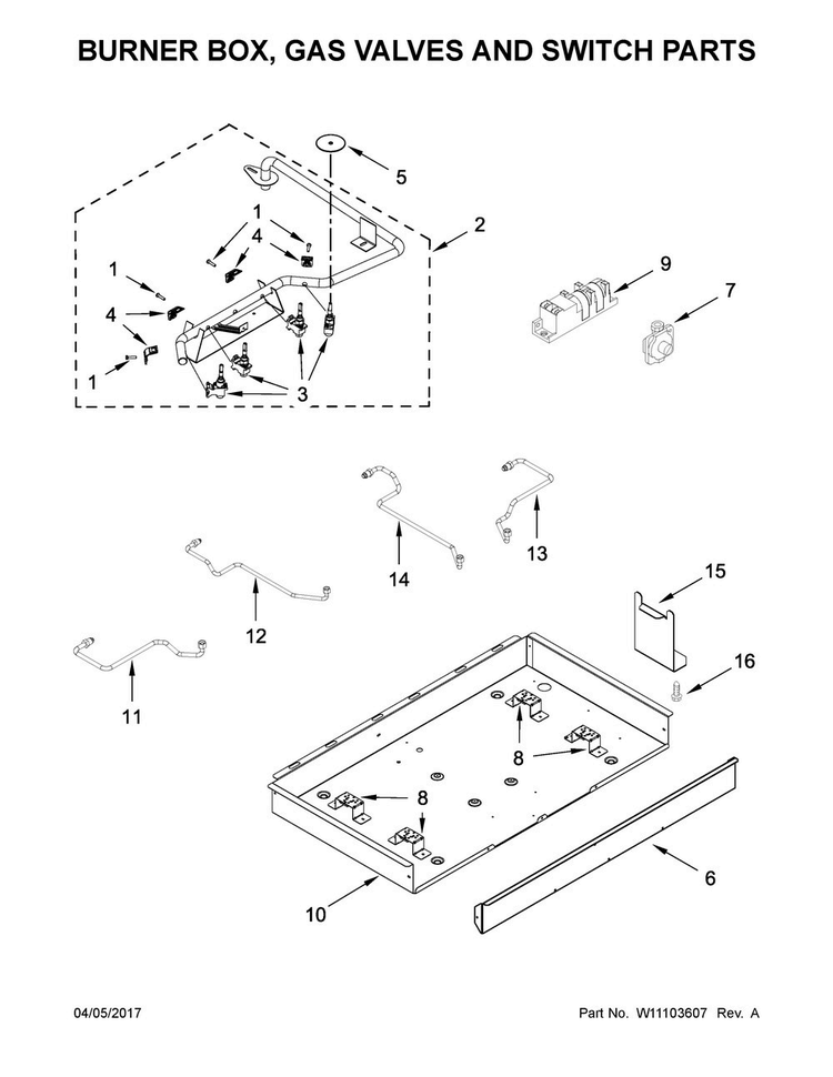 Burner Box, Gas Valves And Switch Parts Diagram and Parts List for MGC7430DB00  Maytag Cooktop